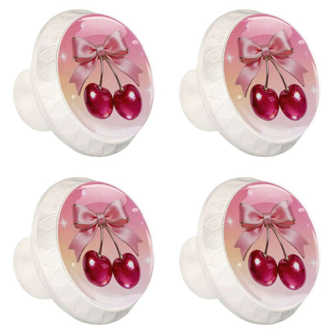 4 Piece Round Drawer Pulls And Cabinet Knobs Set For Cabinets And Drawers In Pink Cherry Bow Pattern Colorful Closet Door Hardware
