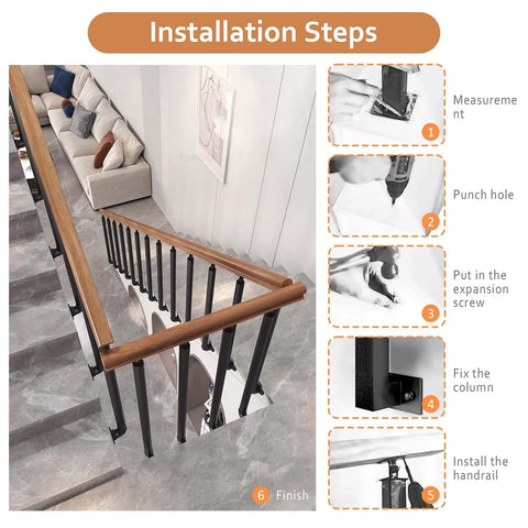 Installation steps for Rock Solid Adjustable Solid Wood Outdoor Handrail Kit With Heavy Iron Braces in a stairway setting.