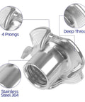 1/4-20 stainless steel four-prong tee nut with deep threads for wood applications, close-up view
