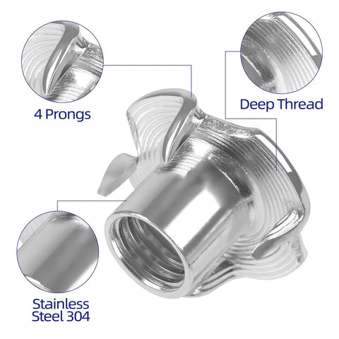 1/4-20 stainless steel four-prong tee nut with deep threads for wood applications, close-up view