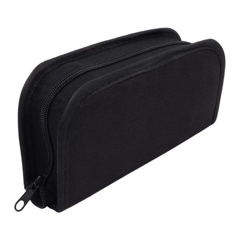 Storage bag for 147-Piece Watch Maintenance Kit For DIY Repairs with zipper closure, black fabric, side view