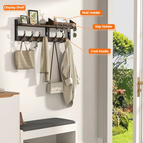 Wall-mounted coat rack with shelf, 11 metal hooks, for coats, keys in hallway. 29 Inch Wall Mounted Coat Rack With Shelf And 11 Metal Hooks 4 In 1 Entryway Organizer For Coats Keys Bags Hats Mail Rustic Brown Slick Space Saver For Hallway Kitchen Living Room.