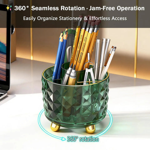 Dark Green 6 Compartment Desk Organizer With 360 Degree Rotating Pen And Pencil Holder On Office Desk