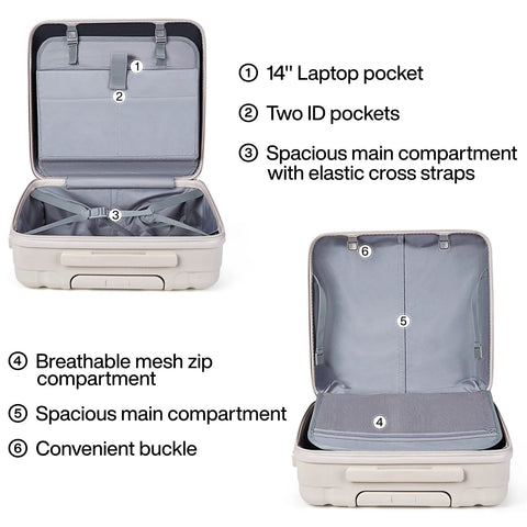 Open interior view of Underseat Carry On Luggage With Wheels 16 Inch Hard Shell Weekender Suitcase with laptop, ID pockets, compartments.