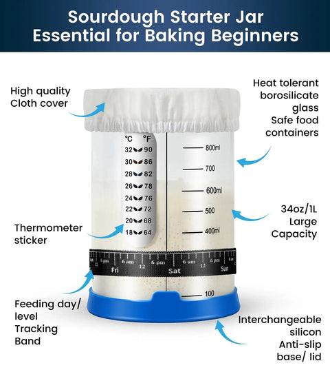 Close-up of Sourdough Starter Kit 2 Pack 34Oz Organic Glass Jars Wide Mouth With Lids For Home Bakers Includes Thermometer Spatula