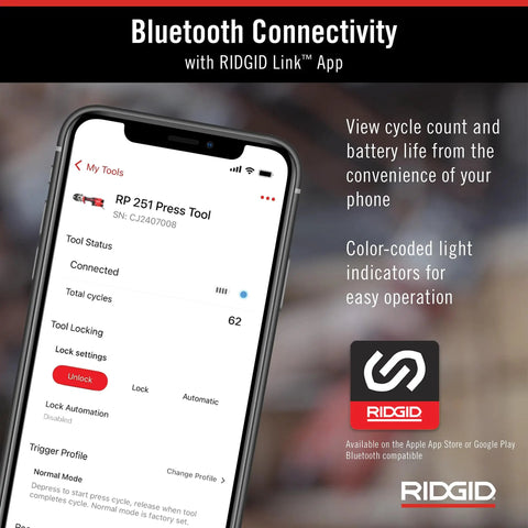 Bluetooth app interface for RP 251 showing tool status connected, compatible with Compact Press Tool Battery Kit With ProPress Rings And Jaws.