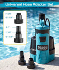 Automatic Submersible Water Pump With Smart Float Switch Delivers 5548 GPH High Flow For Yard Basement Pond Removal Plus Sump Jobs Heavy Duty 1HP shown with universal hose adapter set.