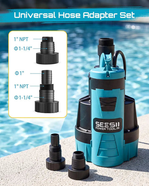 Automatic Submersible Water Pump With Smart Float Switch Delivers 5548 GPH High Flow For Yard Basement Pond Removal Plus Sump Jobs Heavy Duty 1HP shown with universal hose adapter set.