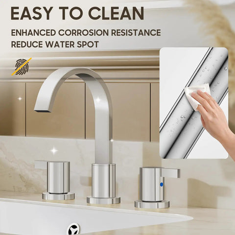 Chrome 8 Inch Widespread 3 Hole 2 Handle Waterfall Bathroom Sink Faucet With Metal Pop Up Drain highlighting easy cleaning.