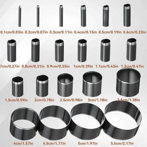 21 Piece Leather Circle Cutter Set Pro Grade Circle Punch Kit 1mm To 55mm With High Carbon Steel Round Cutting Dies shown with sizes