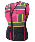 Women High Visibility Safety Vest Packing Nine Multi Pockets Sewn From Cool Breathable Mesh With Glowing Reflective Strips For Tough Job Sites Or Dusk Runs Built Different In Dope Rainbow Pink To Keep You Comfortable, front view.