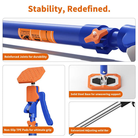 Close-up of Heavy Duty Steel Support Pole Kit showing reinforced joints, TPE pads, and solid steel base for drywall hoisting.