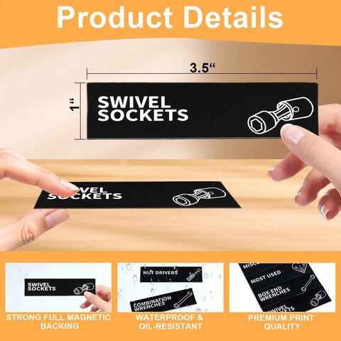 Magnetic Toolbox Labels Set Of 90 for Quick Organization 3.5 by 1 Inch Large Stickers, showing a swivel sockets label with strong magnets.