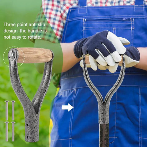 D Grip Handle For Metal Shovel Replacement With Wooden Grip 32mm Inner Diameter Ergonomic Y Type Design For Easy Digging Raking And Snow Shovel Spade Tools Four Rivets And Fast Tool Free Installation, shown with three point anti-slip design.