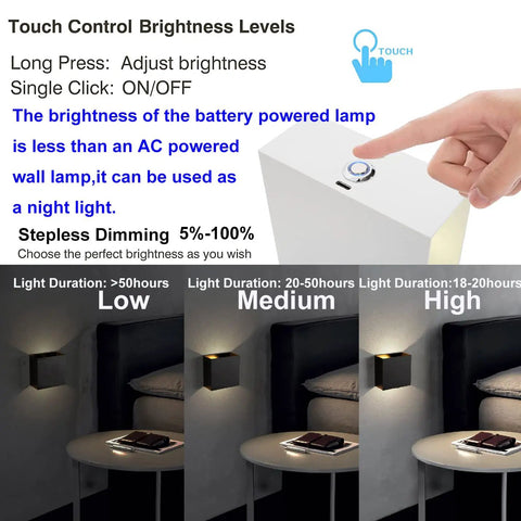 Illustration of Rechargeable Wireless LED Wall Lamp With Touch Switch Two Pack Black 6000K Sconce Lights brightness levels.