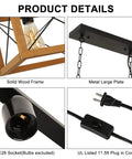 Product details of Plug In Five Light Pendant Lamp With E26 Sockets, showing wood frame, metal plate, E26 socket, and plug cord.