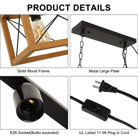 Product details of Plug In Five Light Pendant Lamp With E26 Sockets, showing wood frame, metal plate, E26 socket, and plug cord.