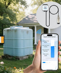 Smart WiFi Water Level Sensor For Tanks With Ultrasonic Detection Up To 10m app monitoring and submersible sensor displayed.
