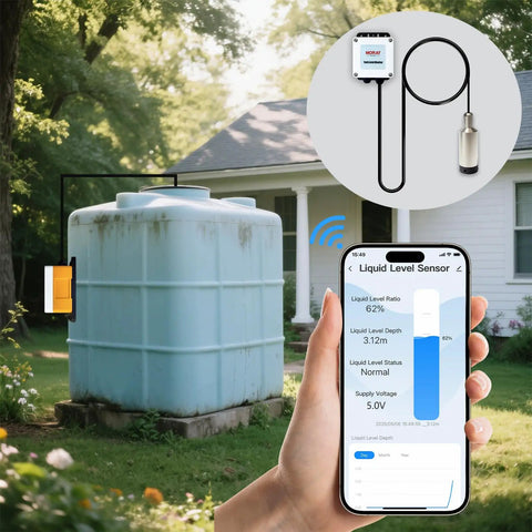 Smart WiFi Water Level Sensor For Tanks With Ultrasonic Detection Up To 10m app monitoring and submersible sensor displayed.
