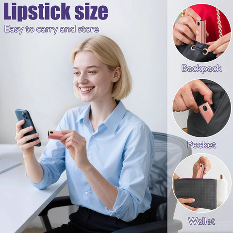 Pink 50-pack 3-in-1 screen cleaner spray with built-in wipe; front view of person using on smartphone