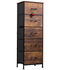 Fabric Dresser With Five Drawers And Wood Top, Sturdy Steel Frame, Tall Storage Chest For Bedroom Or Hallway, Rustic Brown Wood Grain Finish With Fabric Bin Storage, Ample Space To Tidy Closet Or Decor.