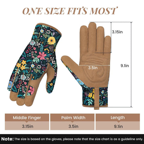 Front view of Women's Gardening Gloves With Thorn Proof Puncture Resistant Leather, Breathable Microfiber Back, floral print