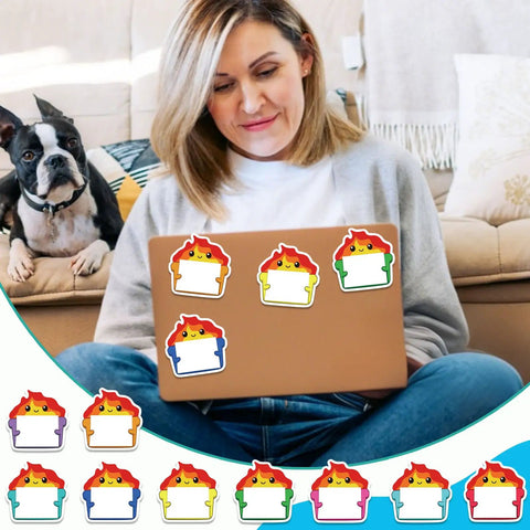 Woman using laptop with Dumpster Fire Sticky Notes 9 Pack Cute Shaped Self Adhesive Notepads For Office Chaos Desk Decor attached.