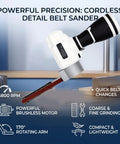 NoSweat 12V Cordless Detail Belt Sander with brushless motor, adjustable flex head, and included belts for precise sanding.