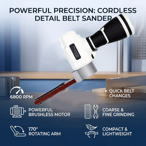 NoSweat 12V Cordless Detail Belt Sander with brushless motor, adjustable flex head, and included belts for precise sanding.