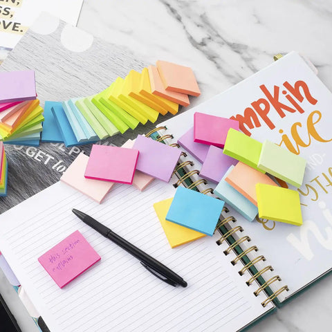 Small 1.5x2 Inch Sticky Notes, 50 Pads With 50 Sheets Each, 10 Bright Colors Recyclable Self Stick Pads on notebooks