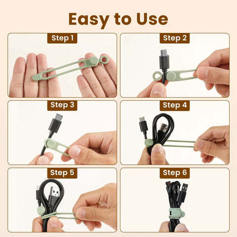 Steps to use Silicone Cable Ties 10 Pack Reusable Wire Wraps For Office And Home Use, demonstrating cord organization.