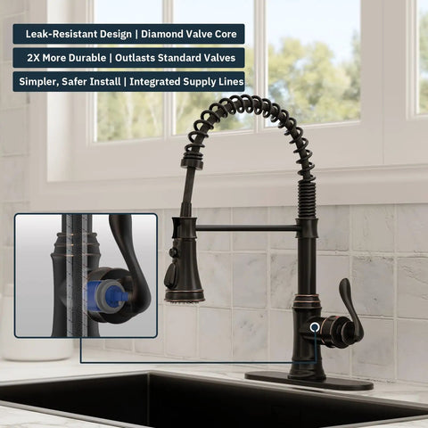 Oil Rubbed Bronze Kitchen Faucet With Pull Down Sprayer in high arc spout design with solid brass construction for a modern sink.