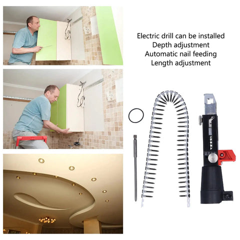 Automatic Chain Nail Gun Adapter, Hella Tough Stainless Steel Spike Driver, No Sweat Fast Nailing Head For Cordless Power Drills And Woodworking Projects, showing installation features.