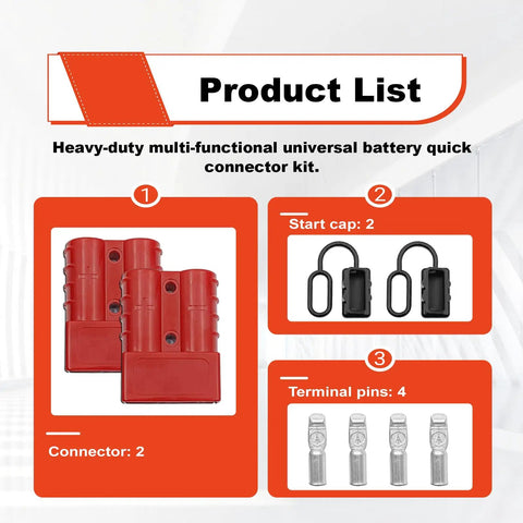 Heavy Duty Anderson Connectors 50A Red Quick Connect Kit With Hella Secure Copper Terminals designed for 12 to 36 Volt vehicles, includes connectors, start caps, and terminal pins.