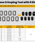 Heavy Duty 110V Electric Hydraulic Hose Crimper With Nine Premium Steel Dies showing dies and crimping specifications.