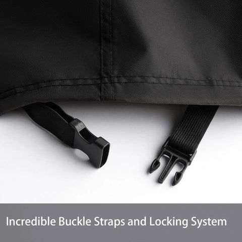 Close-up of buckle straps on all weather patio furniture set cover for outdoor sectional sofa and table and chair sets