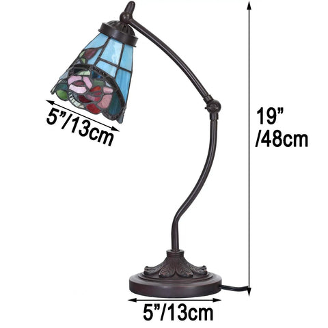 Tiffany Style Stained Glass Table Lamp With Swing Arm Base For Reading And Home Decor Rose Flower Design 5 Inch Lampshade Adjustable Height 12 To 19 Inches Handmade Night Light E12 Bulb Not Included Cozy Reading Vibe