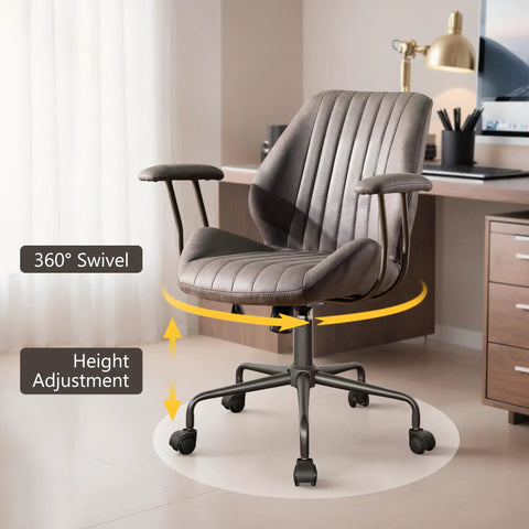 Mid Century Modern Office Chair Grey Faux Suede Ergonomic Mid Back Executive Seat With Lumbar Support Swivel Base With Smooth Rolling Casters Built Heavy Duty For Legit Comfort And A Top Tier Home Office Desk Setup