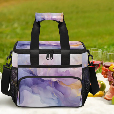 Gradient Color Insulated Picnic Backpack Lunch Bag For Women And Men, Portable Tote Picnic Basket on picnic blanket outdoors.