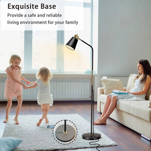 Three Color Temperature Floor Lamp With Adjustable Head And Energy Efficient Nine Watt LED Bulb Included For Living Room Bedroom Office Farmhouse Modern Standing Task Lighting For A Cozy Vibe in a family living room with children playing on the floor.