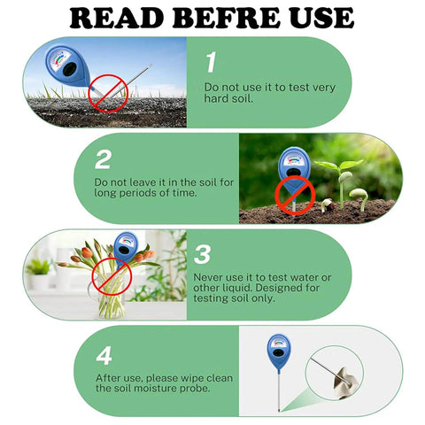 Instructional guide for Two Pack Soil Moisture Meter For Plants, Plant Water Meter And Hygrometer Kit with usage warnings.