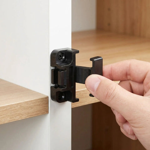 Hand using 12 Pack Adjustable Cabinet Fasteners With Push In ABS Base And Panel Clips for installation on cabinet panel.