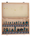 Top Grade 20 Piece Carbide Router Bit Set With Strong Tongue Groove For Smooth Woodworking Cuts 1/2 Inch Shank displayed in wooden box.