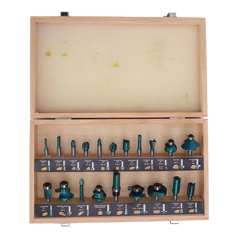 Top Grade 20 Piece Carbide Router Bit Set With Strong Tongue Groove For Smooth Woodworking Cuts 1/2 Inch Shank displayed in wooden box.