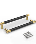 Brushed Satin Gold Bar Cabinet Handle With Black Leather Upholstery 8.5 Inch Overall Length, 7.5 Inch Center-To-Center Mounting, 5 Pack