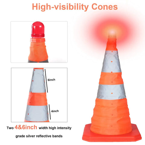 Five Pack 18 Inch Collapsible Traffic Cones With LED Night Lights For Safe Parking And Roadwork, close-up on light and reflective bands