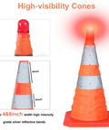 Close-up of 4 Pack 27.6 Inch Collapsible Traffic Cones With Nighttime LED Lights Must Have Pop Up Safety Road Cones For Parking And Construction Fluorescent Orange With Reflective Strips Folds Flat To 1.6 Inches Includes Red Storage Bag showing LED and reflective bands