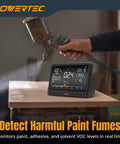 Badass 7 Inch Rechargeable Air Quality Monitor For Woodshops And Garages Monitoring Co2 Pm25 Pm10 Hcho Tvoc With Sharp Color Lcd Screen And Loud Safety Alerts displayed with a spray gun.