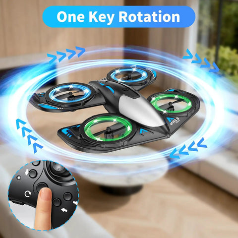 Beginner Friendly Foam RC Drone For Kids With LED Lights 360 Degree Flip flying indoors, one-key rotation feature highlighted