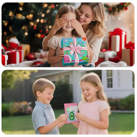 Two children receiving gift boxes featuring Beads For Crafts Kit With 12 Design Pony Beads And Letter Beads, during festive and outdoor settings.